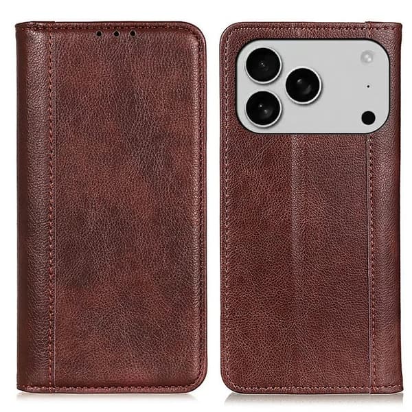iPhone 17 Pro Plånboksfodral Äkta Läder Litchi - Brun Brun
