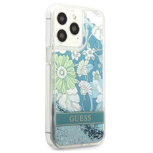 Guess iPhone 13 Pro Cover Flower Liquid Glitter - Grøn Grön