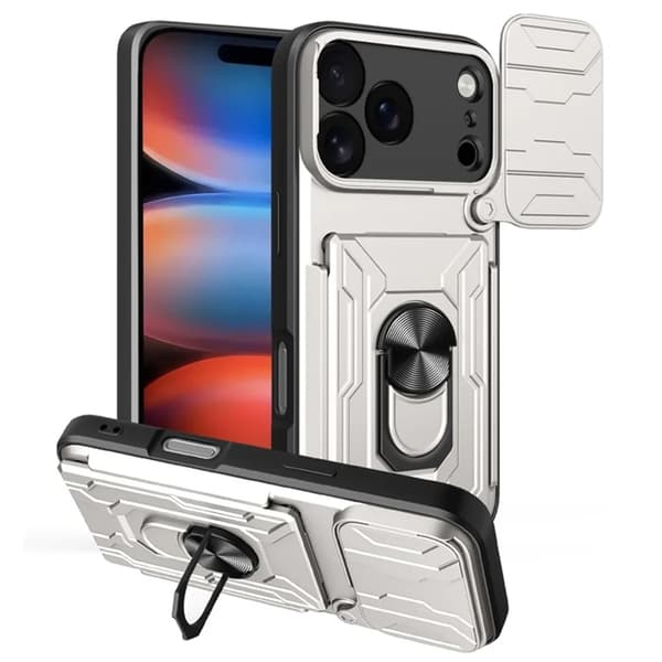 Mobilskal till iPhone 17 Pro Max Kamera Slider PC + TPU Kickstand - Vit Vit