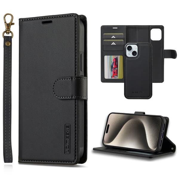 LC.IMEEKE L2 Series iPhone 15 Plånboksfodral Konstläder - Svart
