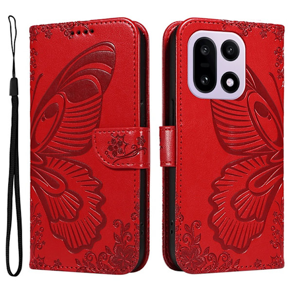 OnePlus 15 5G Plånboksfodral Butterfly Pattern Konstläder Röd