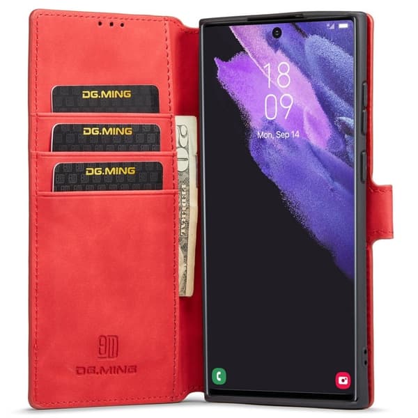DG.MING Retro KonstLäder Wallet Mobilskal för Samsung Galaxy S22 Ultra - Röd