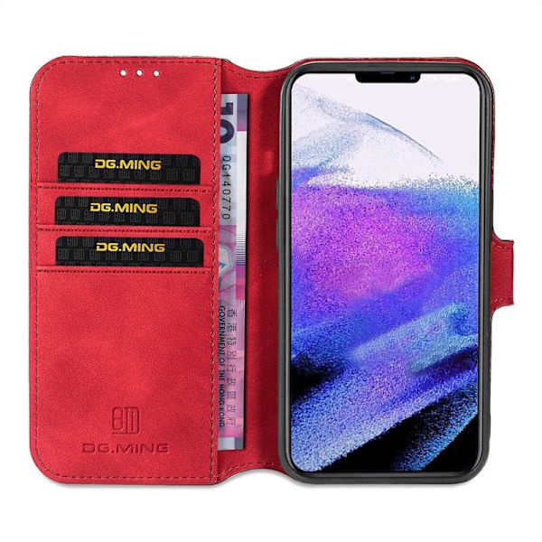 DG.MING iPhone 14 Pro Max Konstläder Plånboksfodral Retro Röd med Ställning