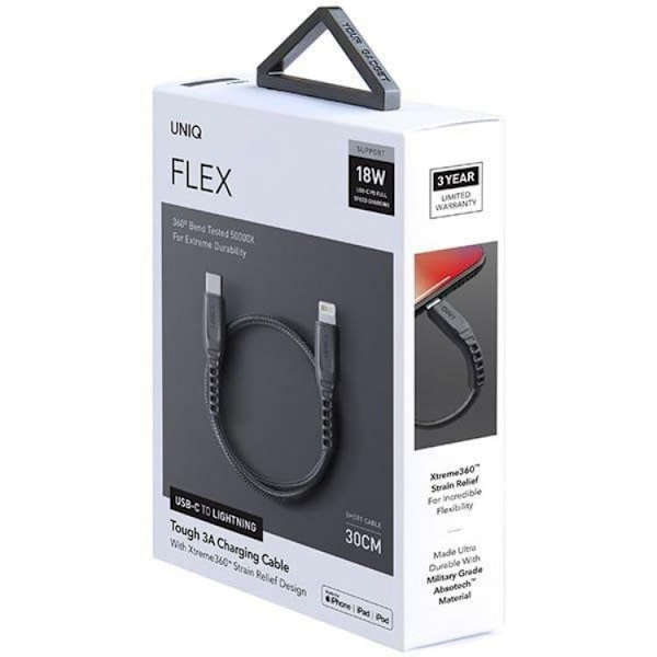 Uniq USB-C till Lightning kabel Flex Nylon 0.3m 18w - Svart