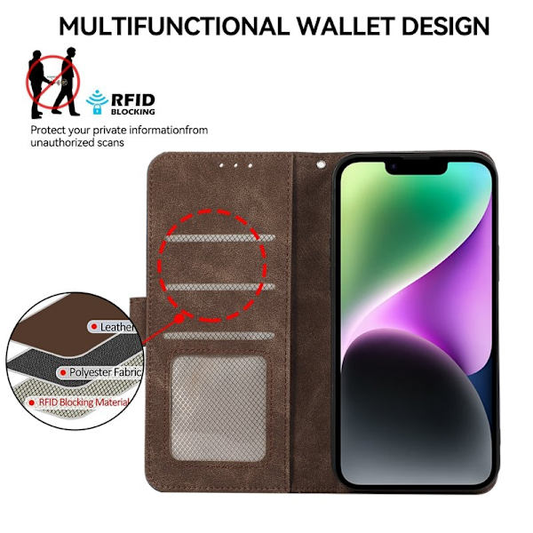 ABEEL iPhone 14 Plånboksfodral RFID-Skydd Konstläder Flip - Brun