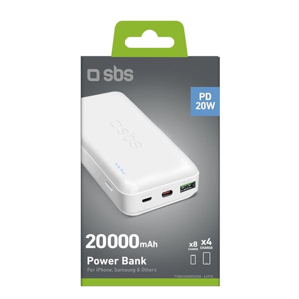 SBS Powerbank 20000mAh Med MicroUSB - USB-C - USB-A - Vit Vit