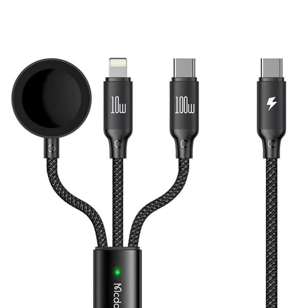 MCDODO 3in1 USB-C/USB-C/Lightning Kabel 1.2M Trådlös Laddare Svart