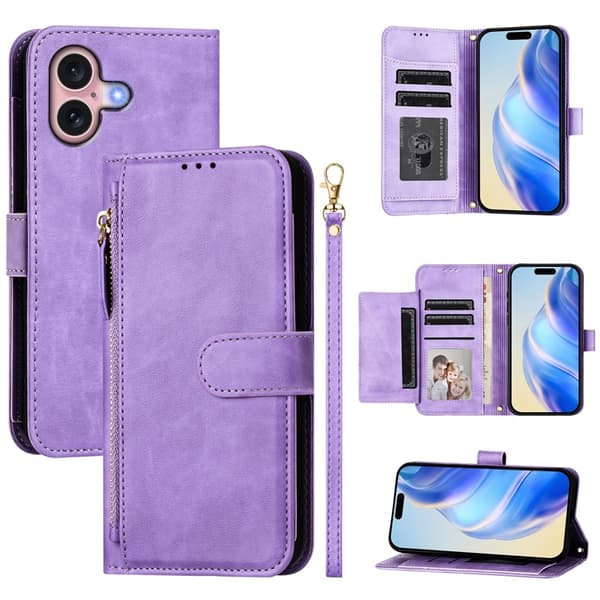 iPhone 16 Plus Plånboksfodral Zipper Pocket Läder - Lila Lila