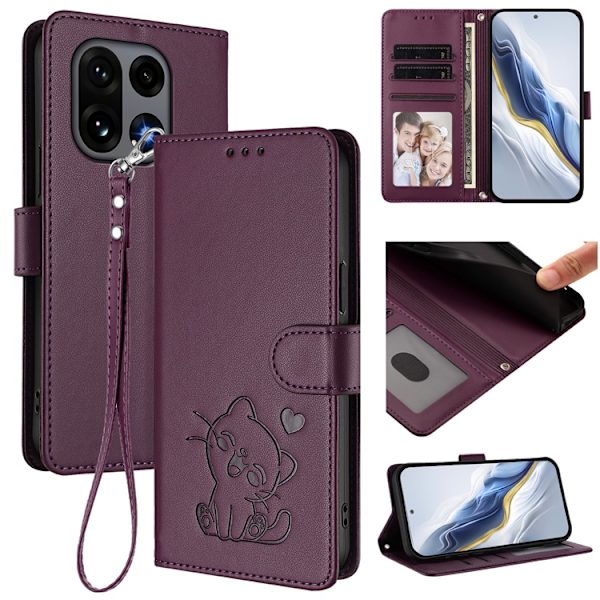 OnePlus 15 5G Konstläder Plånboksfodral Love Cat Pattern Imprint Lila