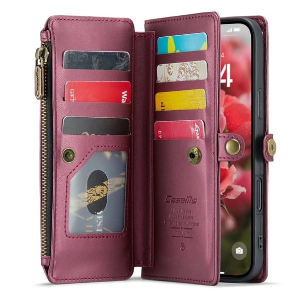 CASEME iPhone 16 Plus Plånboksfodral Konstläder med Dragkedja Vinröd