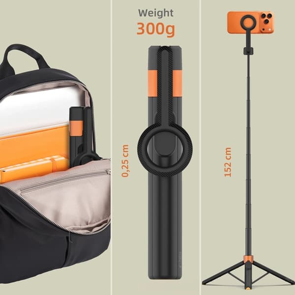 Tech-Protect Magsafe Bluetooth Selfie Stick Stativ L10S - Sort/Orange Orange