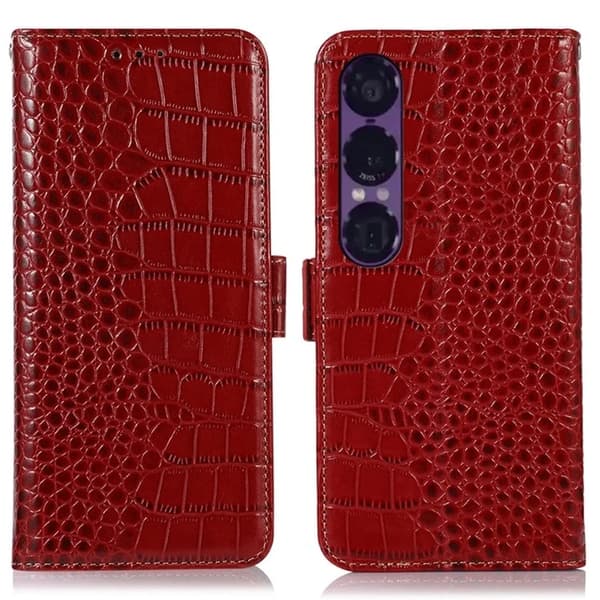 Sony Xperia 1 VII Äkta Läder Plånboksfodral Crocodile Texture - Röd