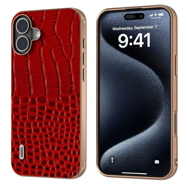 ABEEL Mobilskal till iPhone 16 Plus Electroplating Äkta läder Röd