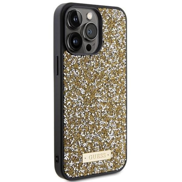 Guess iPhone 15 Pro Max -puhelinkuori, jossa strassit ja metallinen logo - keltainen Gul