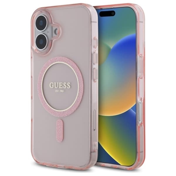 Guess Mobilskal till iPhone 16 MagSafe IML Glitter Circle - Rosa Rosa