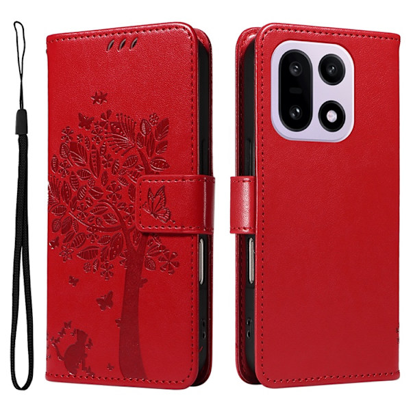 OnePlus 15 5G Plånboksfodral Cat Tree Pattern Konstläder Röd