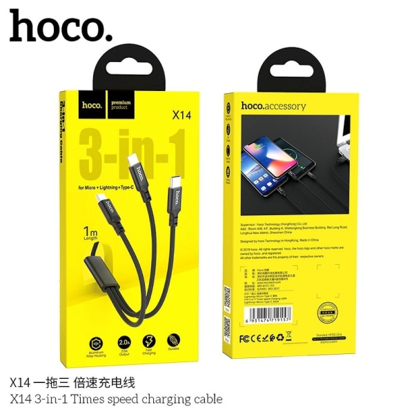 HOCO 3in1 USB-C + Lightning + Micro Kabel - Svart