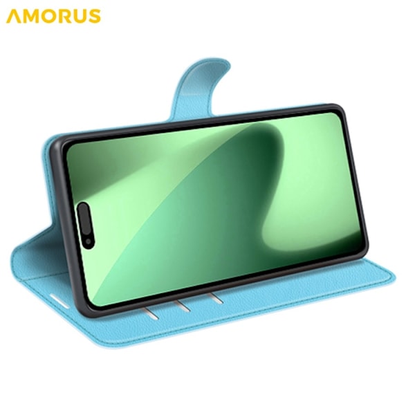 AMORUS iPhone 17 Pro Konstläder Plånboksfodral Flipstativ Litchi - Blå Blå