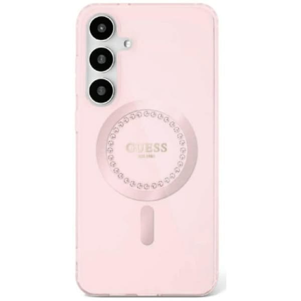 Guess telefontaske til Galaxy S25 MagSafe Rhinestone Trykt Logo - Lyserød Rosa