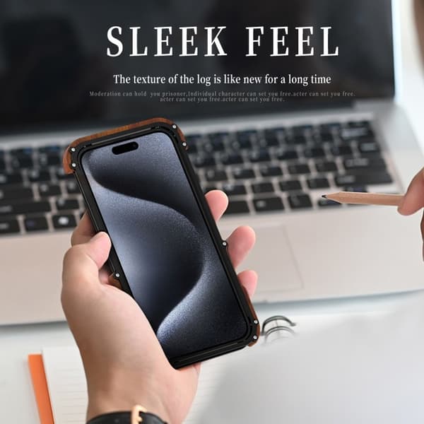 R-JUST Mobilskal till iPhone 15 Drop Protection Aluminium + Trä Svart