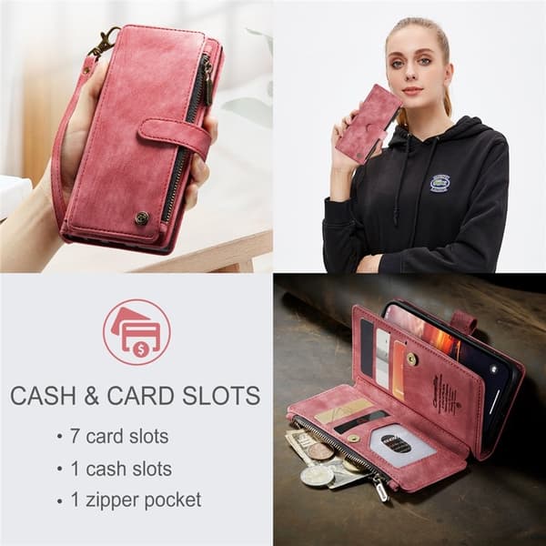 CASEME C30 Plånboksfodral för iPhone 15 Plus med Rem Röd Konstläder