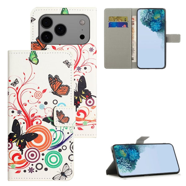 iPhone 17 Pro Max Konstläder Plånboksfodral Pattern Print - Vit Fjäril Vit