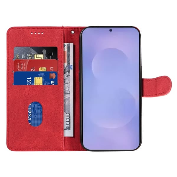 Samsung Galaxy S26 / S26 Pro Plånboksfodral Konstläder Ställ Kurvad Linje Röd