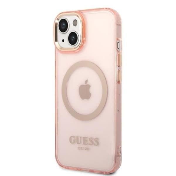 GUESS iPhone 14 Skal MagSafe Gold Outline Translucent - Rosa Rosa