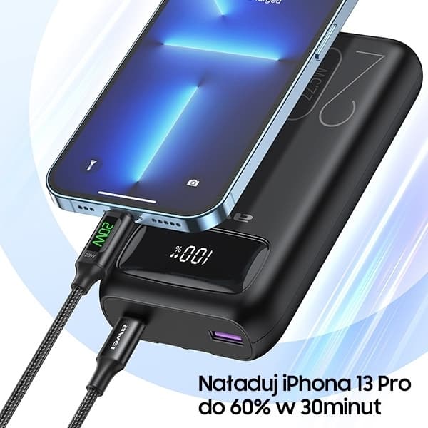 Awei Powerbank 20000mAh 22.5W m/USB-C/Lightning Kabel - Sort Black