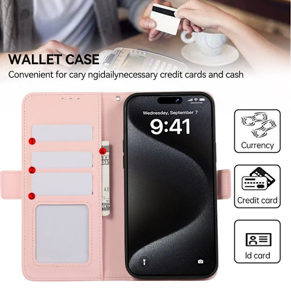ABEEL iPhone 16 Pro Max Plånboksfodral Konstläder RFID-Skydd Ställ - Rosa