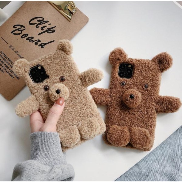 Fluffy Furry Teddy Bear Skal iPhone X/Xs - Mörk Brun Brun