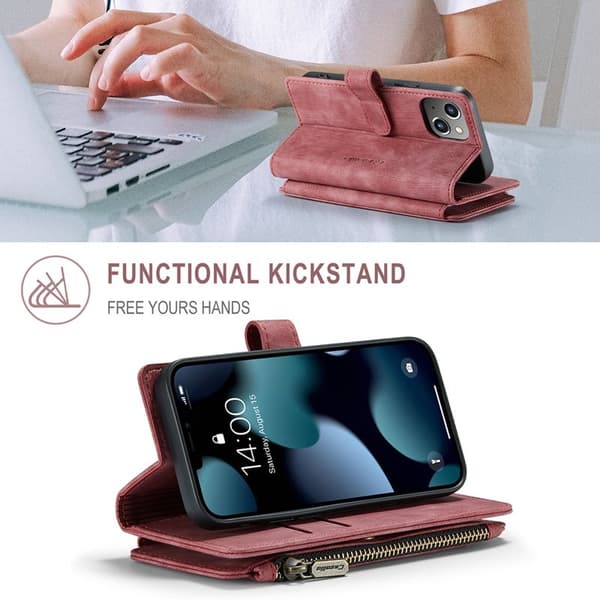 CASEME Konstläder Plånboksfodral för iPhone 13 mini med rem, Röd