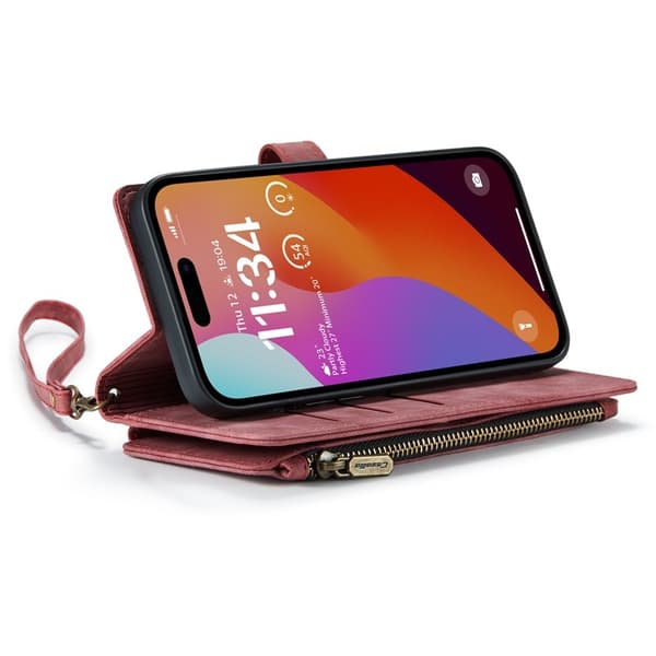 CASEME Konstläder Plånboksfodral för iPhone 16 Pro Max med Rem - Röd