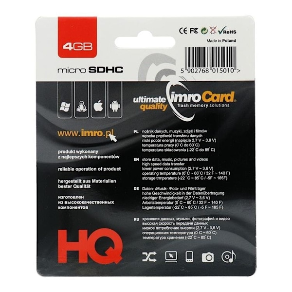 Imro Minneskort MicroSD 4GB Med Adapter Klass 10 UHS