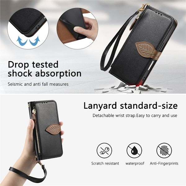 iPhone 17 Plånboksfodral Leaf Magnetiskt Spänne Konstläder Svart