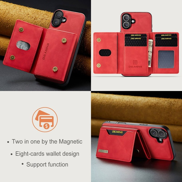 DG.MING iPhone 16 Plus Konstläder Plånboksfodral PU+PC+TPU Röd