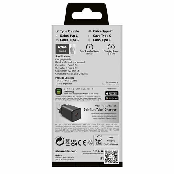 SBS 2 x USB-C Kabel 2m 60W med Power Delivery - Grå