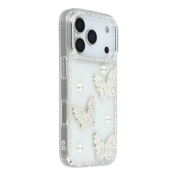 Mobilskal till iPhone 17 Pro Rhinestone Edge Pearl Butterfly Transparent