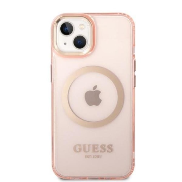 GUESS iPhone 14 Skal MagSafe Gold Outline Translucent - Rosa