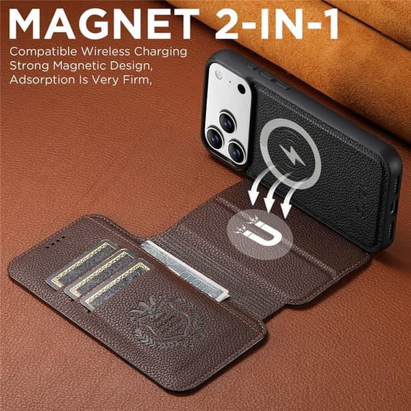 SUTENI iPhone 17 Pro Konstläder Plånboksfodral MagSafe Detachable Litchi Svart