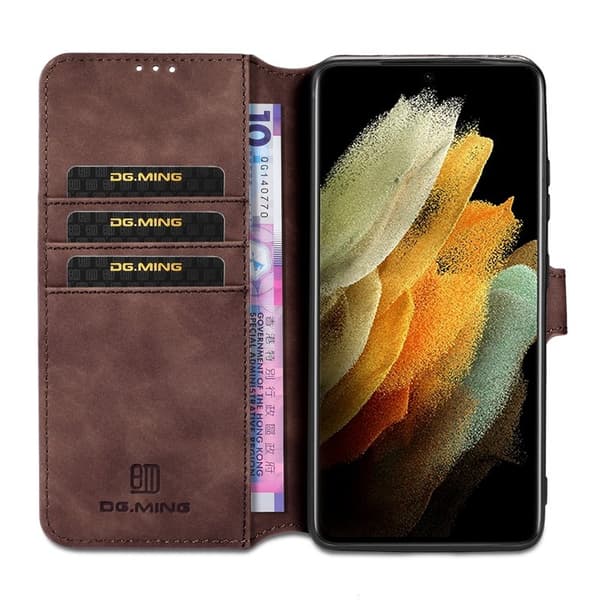 DG.MING Retro Konstläderplånboksfodral för Samsung Galaxy S21 Ultra - Brun