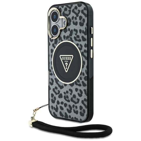 Guess Mobilskal till iPhone 16 MagSafe IML Leopard Triangle Cord Strap - Svart Black
