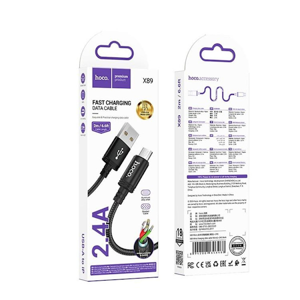 HOCO USB-A - Micro-USB Kabel 2m 2.4A X89 - Svart Black