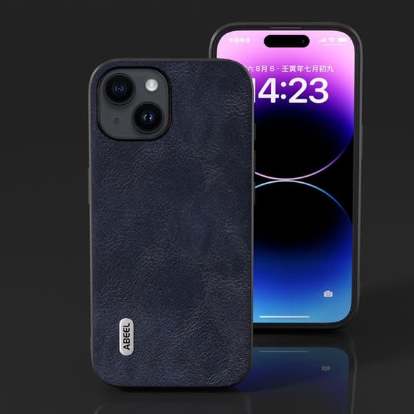 ABEEL Mobilskal till iPhone 15 Plus , Läderbelagd PC + TPU, Blå