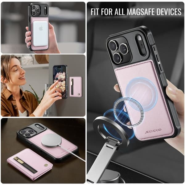 JEEHOOD J12 Mobilskal till iPhone 17 Pro Magnetiskt Konstläder Rosa
