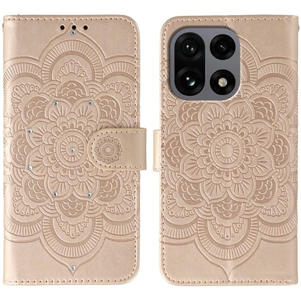 OnePlus 15 Konstläder Plånboksfodral Mandala Imprint Rhinestone Roséguld