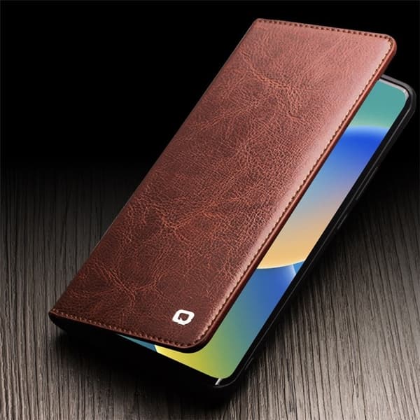 QIALINO iPhone 14 Plånboksfodral Äkta Läder Cowhide - Brun Brun
