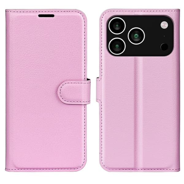 AMORUS iPhone 17 Pro Konstläder Plånboksfodral Flipstativ Litchi - Rosa Rosa