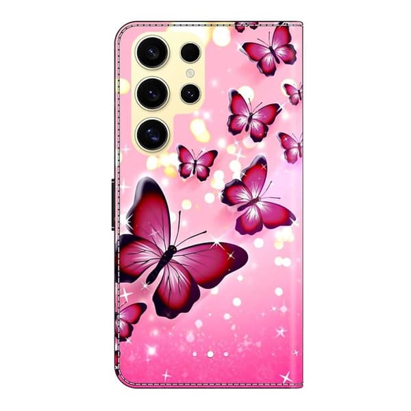 Samsung Galaxy S26 Ultra Plånboksfodral Ställning Konstläder - Rosa Fjäril