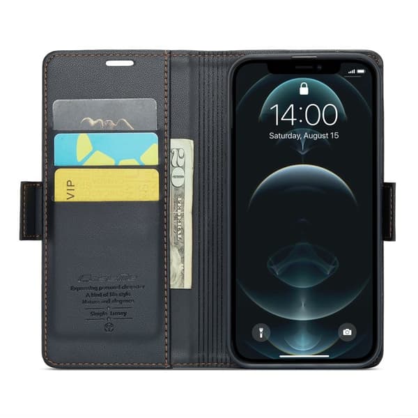 CASEME iPhone 12 Pro Max Plånboksfodral Konstläder RFID-Skydd Svart